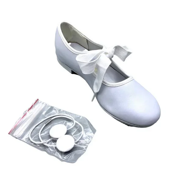 Little Girls Bow Tie White Tap Shoes Tyette Size 13.5 Recital Dance Class - Picture 3 of 8